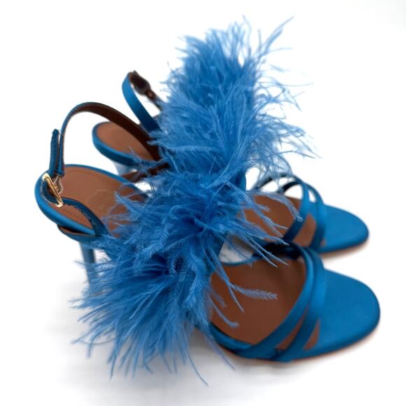 Malone Souliers Bridgerton Sonia Ostrich Feather Trim Satin High Heel Sandal 38 - Picture 1 of 11